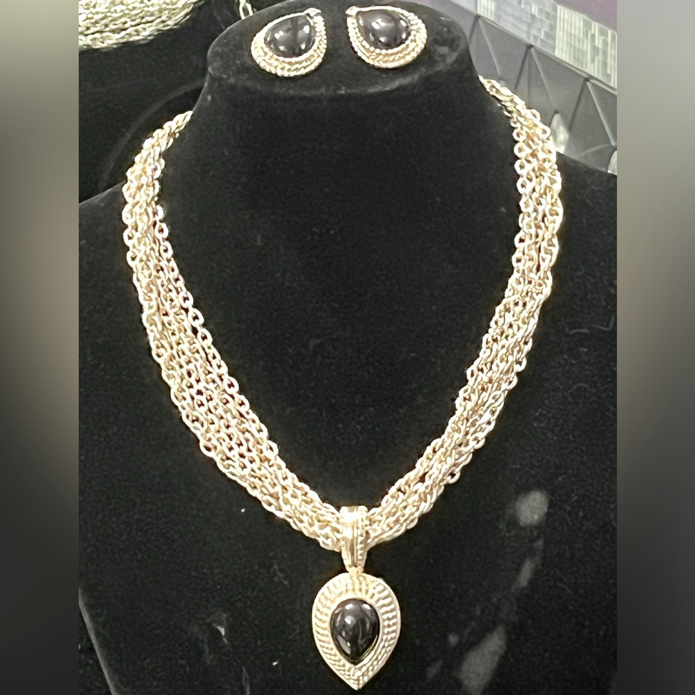 Black onyx Diamond cut chain pendant earrings necklace statement jewelry set